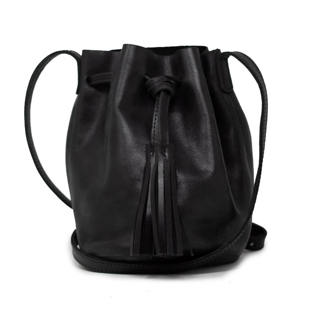 Able Bucket Purse - Tassel Black Leather Ethical Fair Trade Mod Twee Festival